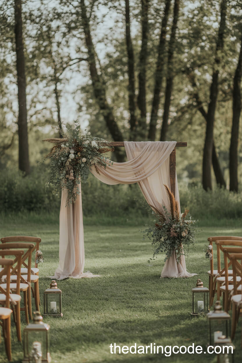 Woodland Wedding Arch Adorned With Wildflowers And Greenery