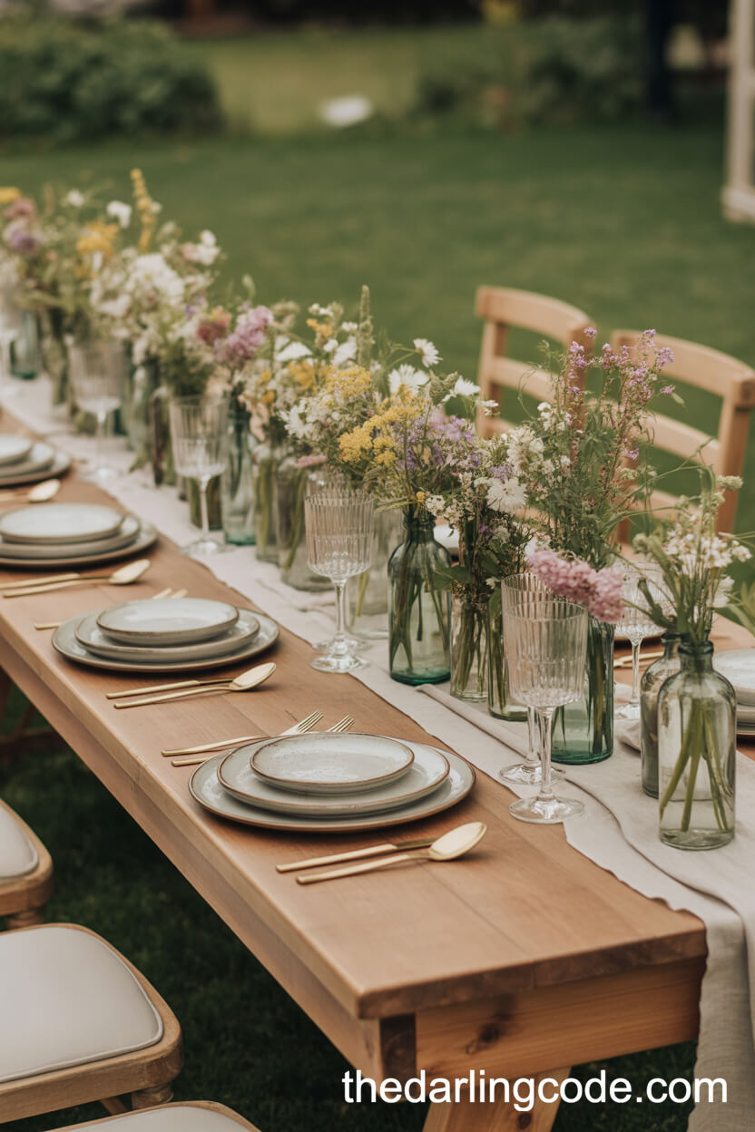 Eclectic Garden Table Setting With Wildflower Centerpieces