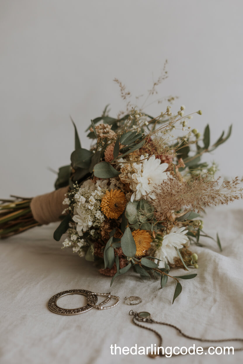 Hand-Tied Wildflower Bridal Bouquet With Dried Grasses