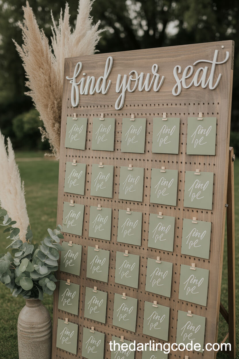 Sage Green Escort Card Displays With Rustic Wood Accents