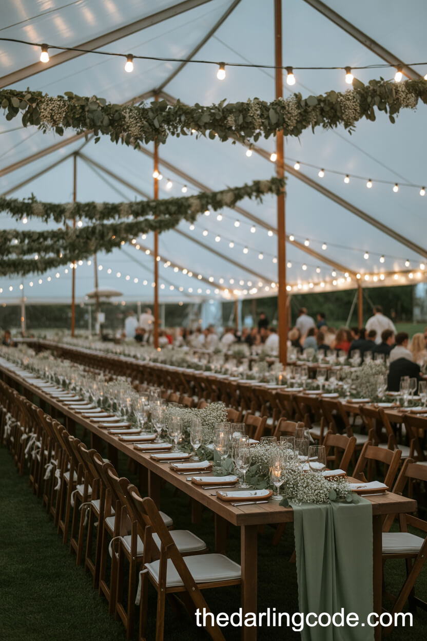 Evening Tent Receptions With Rustic Tables And Sage Green Runners