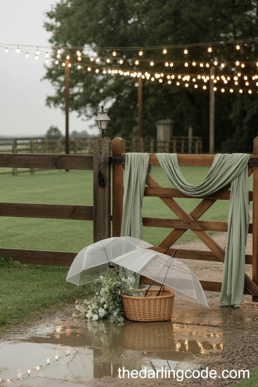 Rainy Day Farm Wedding Entrances With Sage Green Drapery