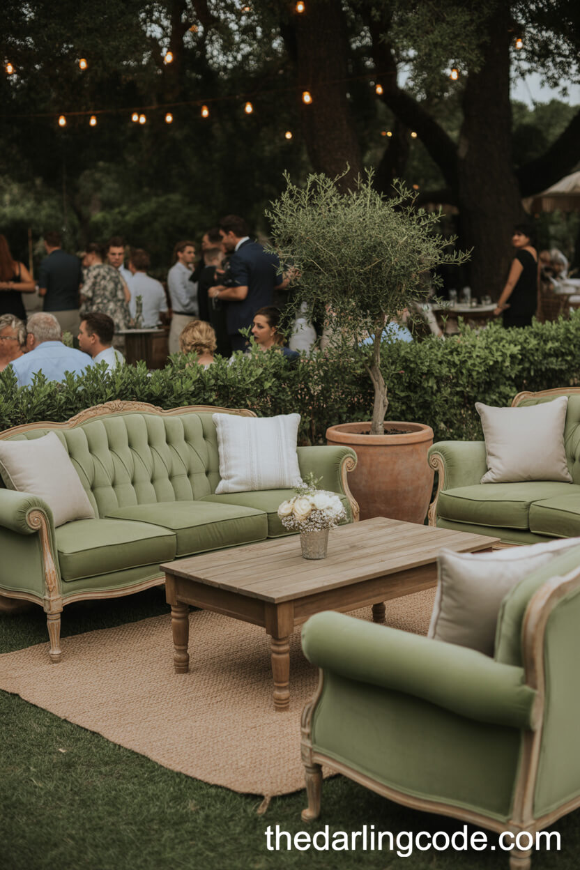 Outdoor Wedding Lounge Areas With Vintage Sage Green Furniture