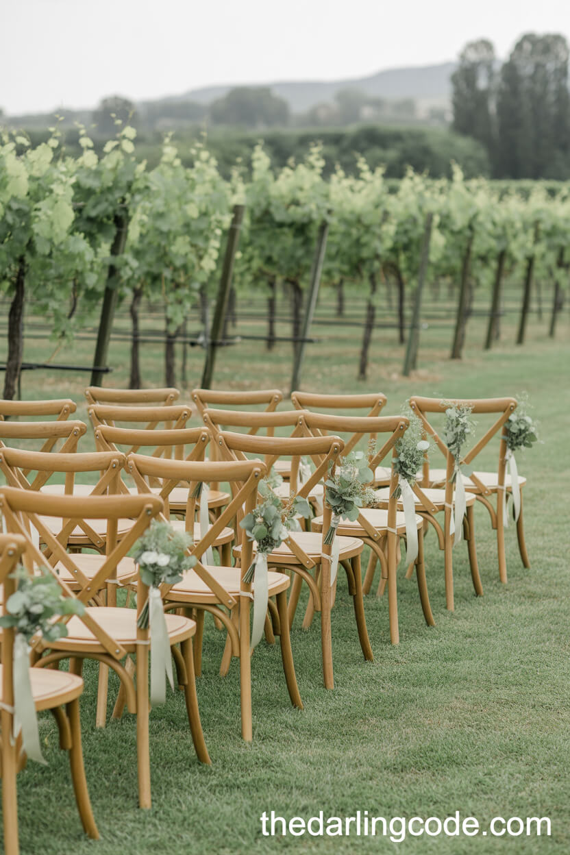 Vineyard Ceremony Ideas With Sage Green Foliage Aisle Decor