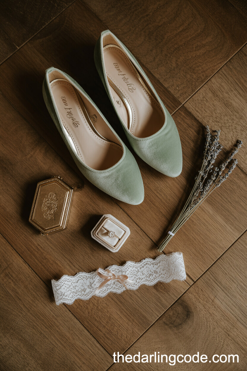Bridal Accessories In Sage Green Velvet And Rustic Textures