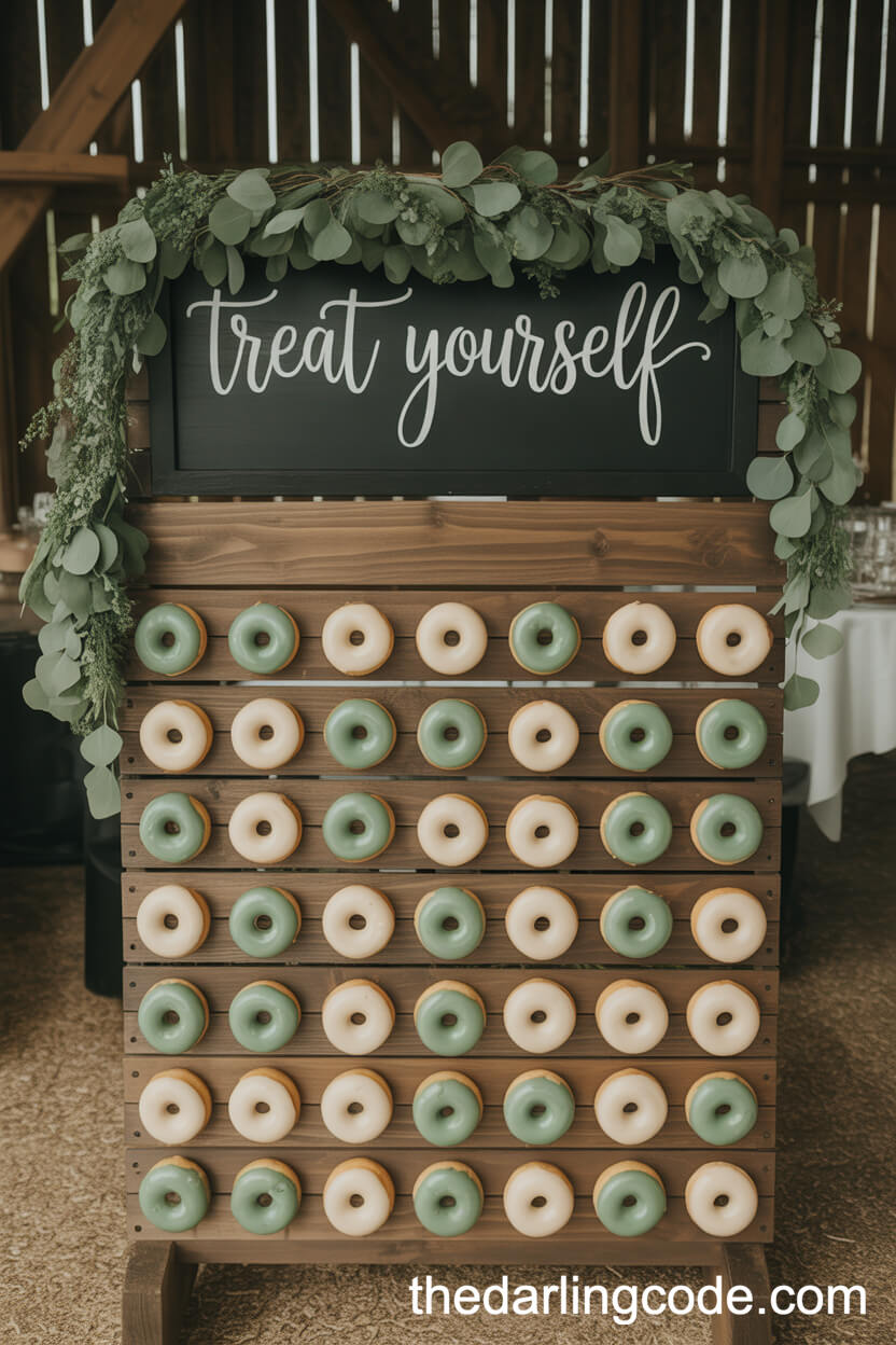 Rustic Donut Walls With Sage Green And Ivory Glazed Treats