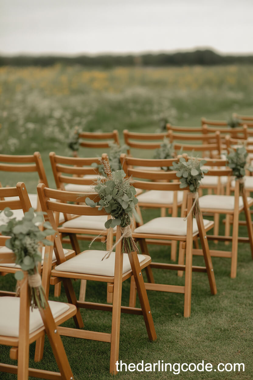 Rustic Ceremony Aisles With Sage Green Foliage On Chairs