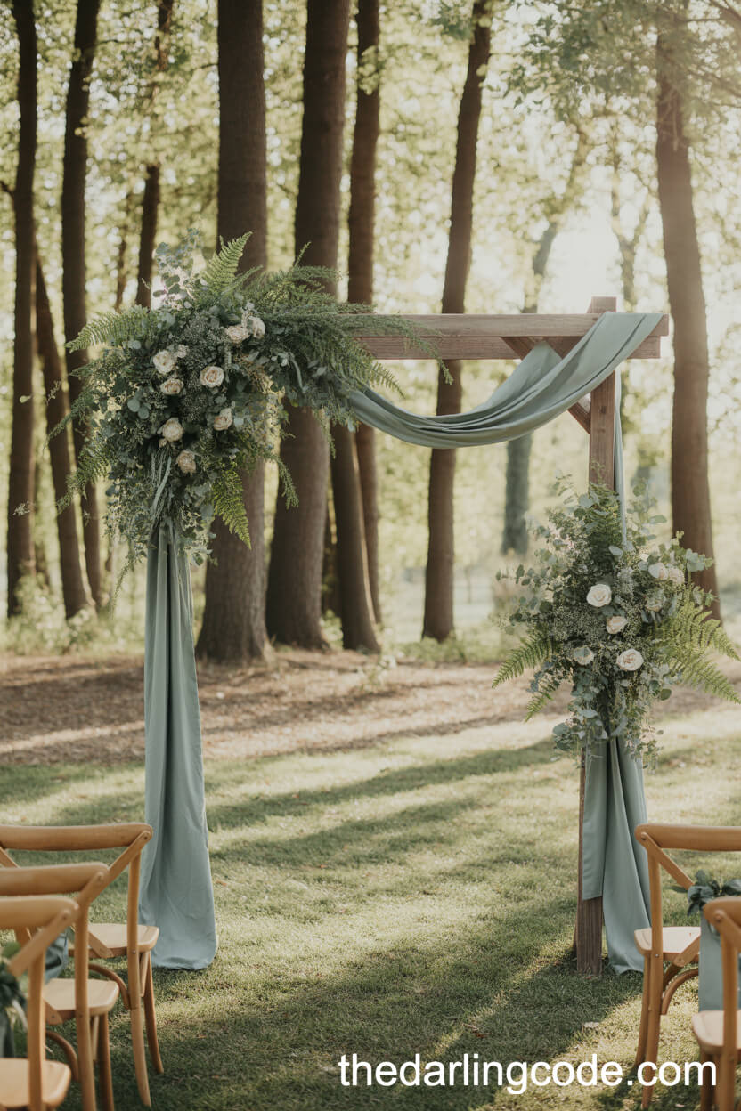 Woodland Wedding Ceremonies With Sage Green Draped Arches
