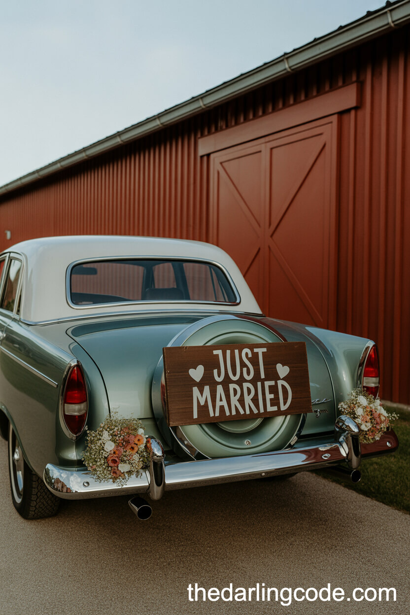Vintage Sage Green Getaway Cars With Just Married Signs