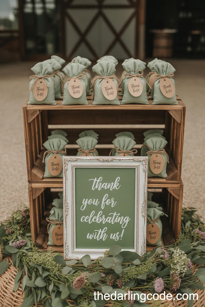 Rustic Wedding Favor Table With Sage Green Fabric Sachets