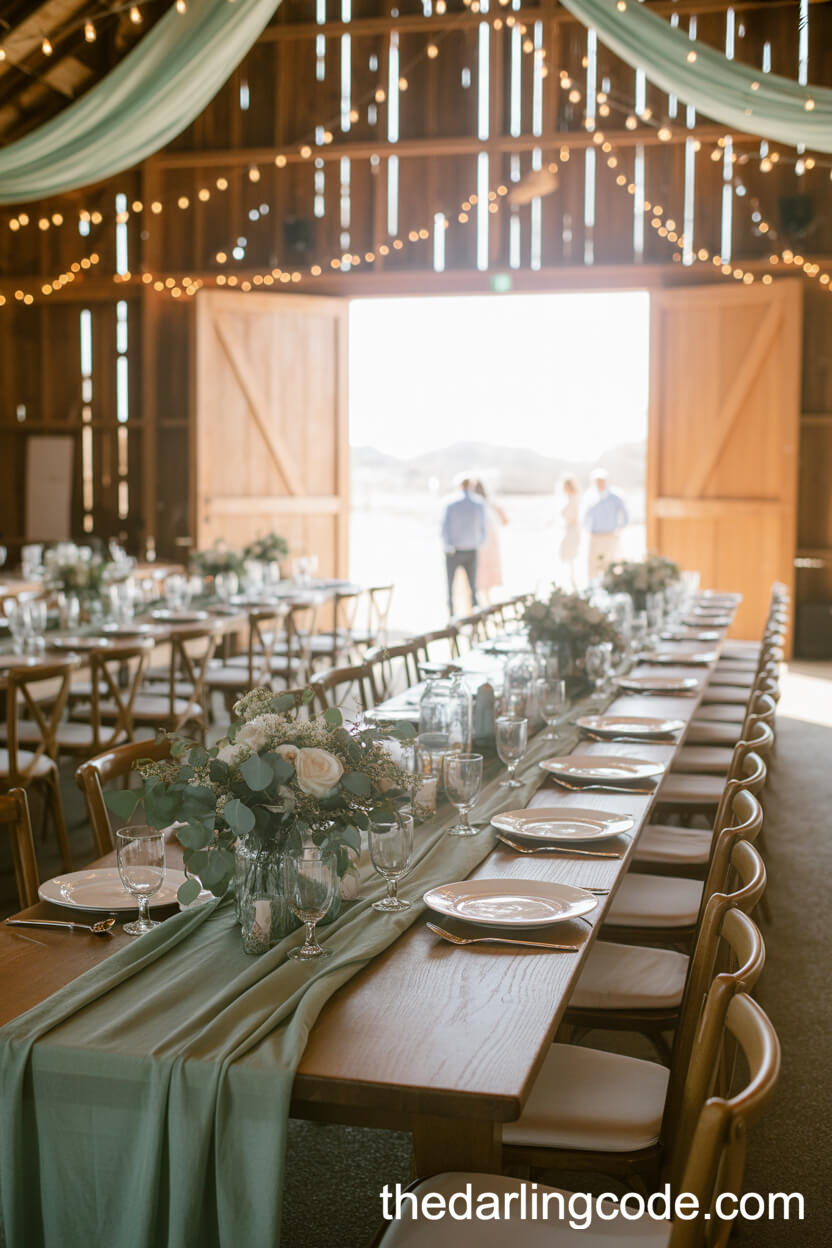Barn Receptions Featuring Sage Green Decor And Fairy Lights