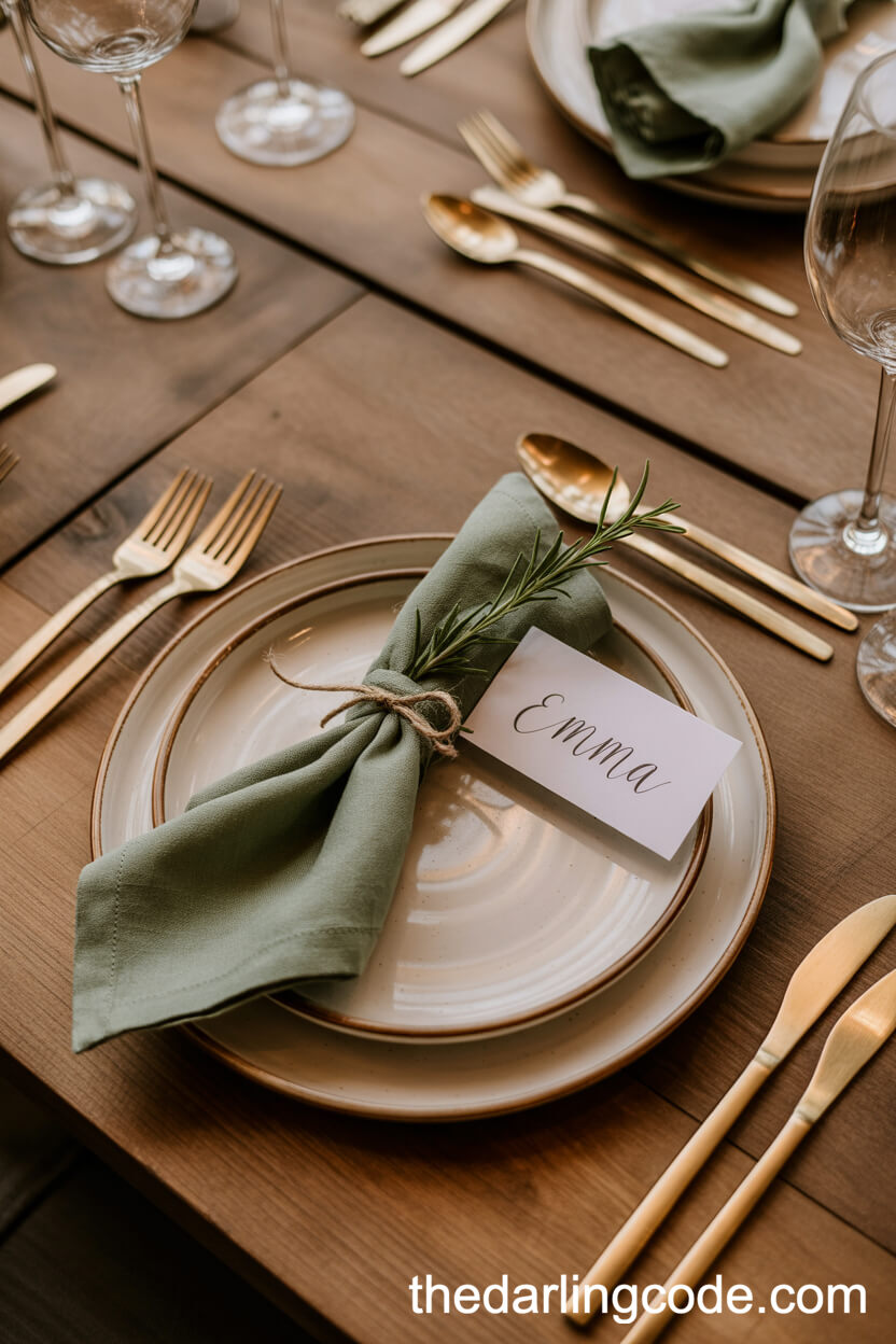 Farmhouse Table Settings With Sage Green Linens And Gold Accents