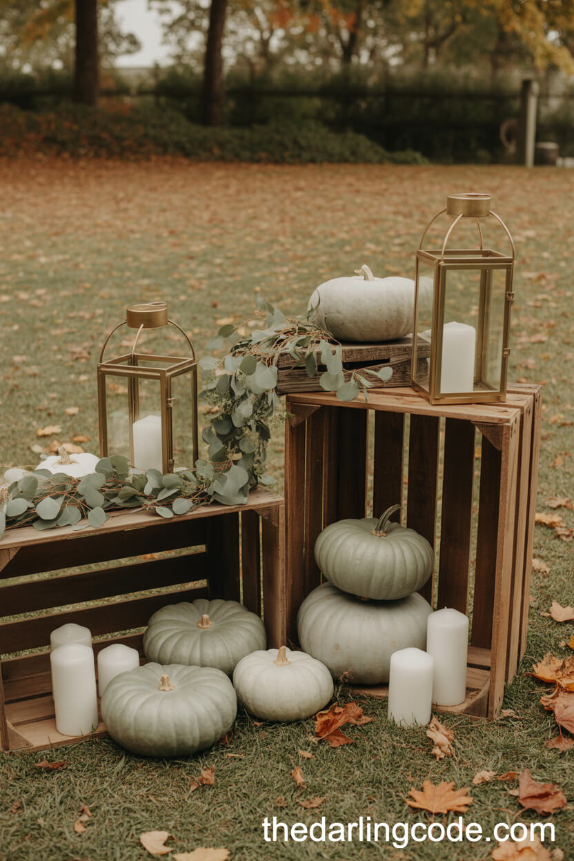 Sage Green Pumpkin And Candle Displays For Fall Wedding Entrances
