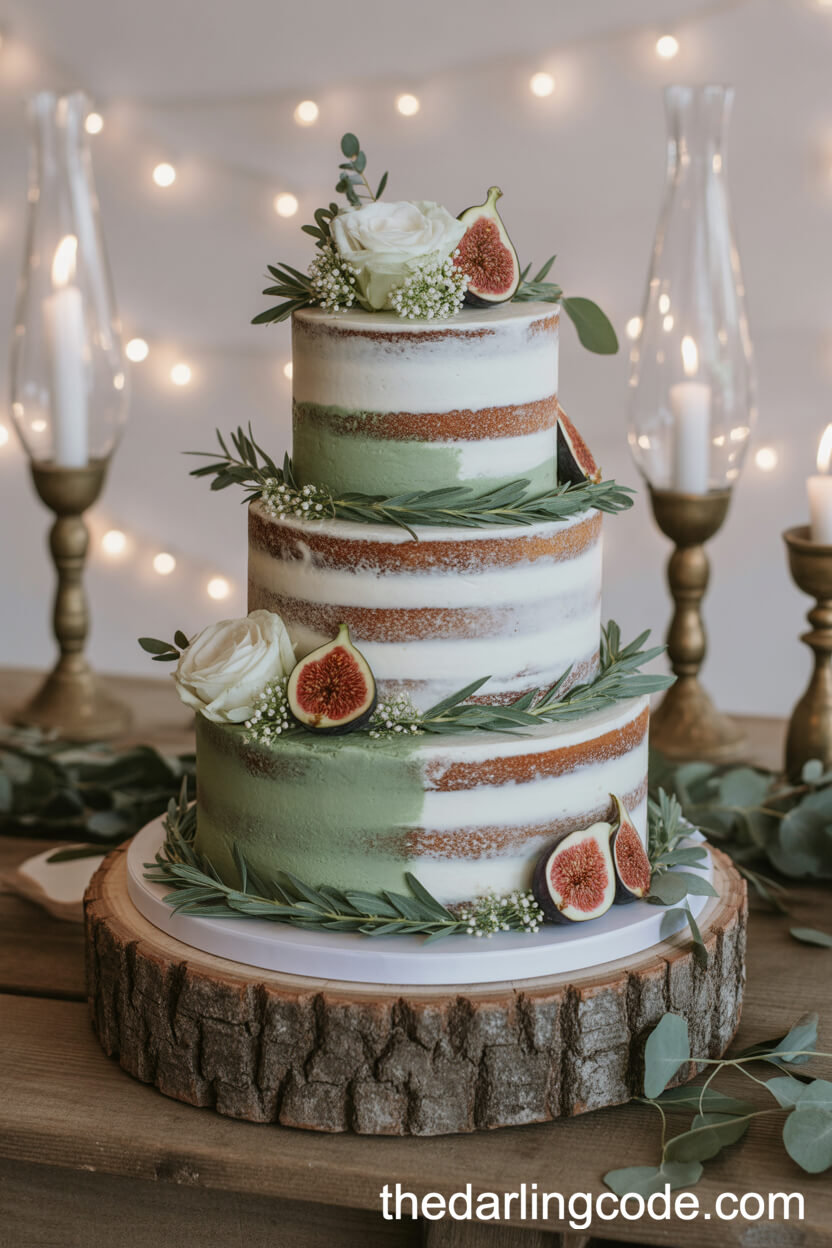 Naked Wedding Cakes With Sage Green Accents And Eucalyptus