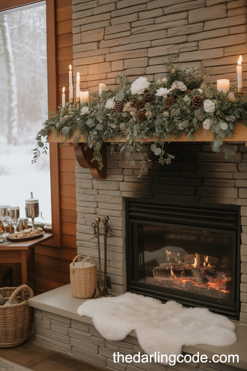 Cozy Winter Wedding Fireplaces With Sage Green Foliage Decor
