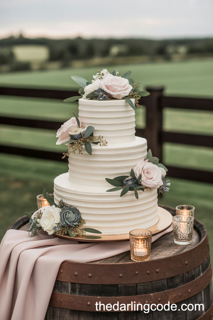 Wedding Cake Atop Whiskey Barrel Stand