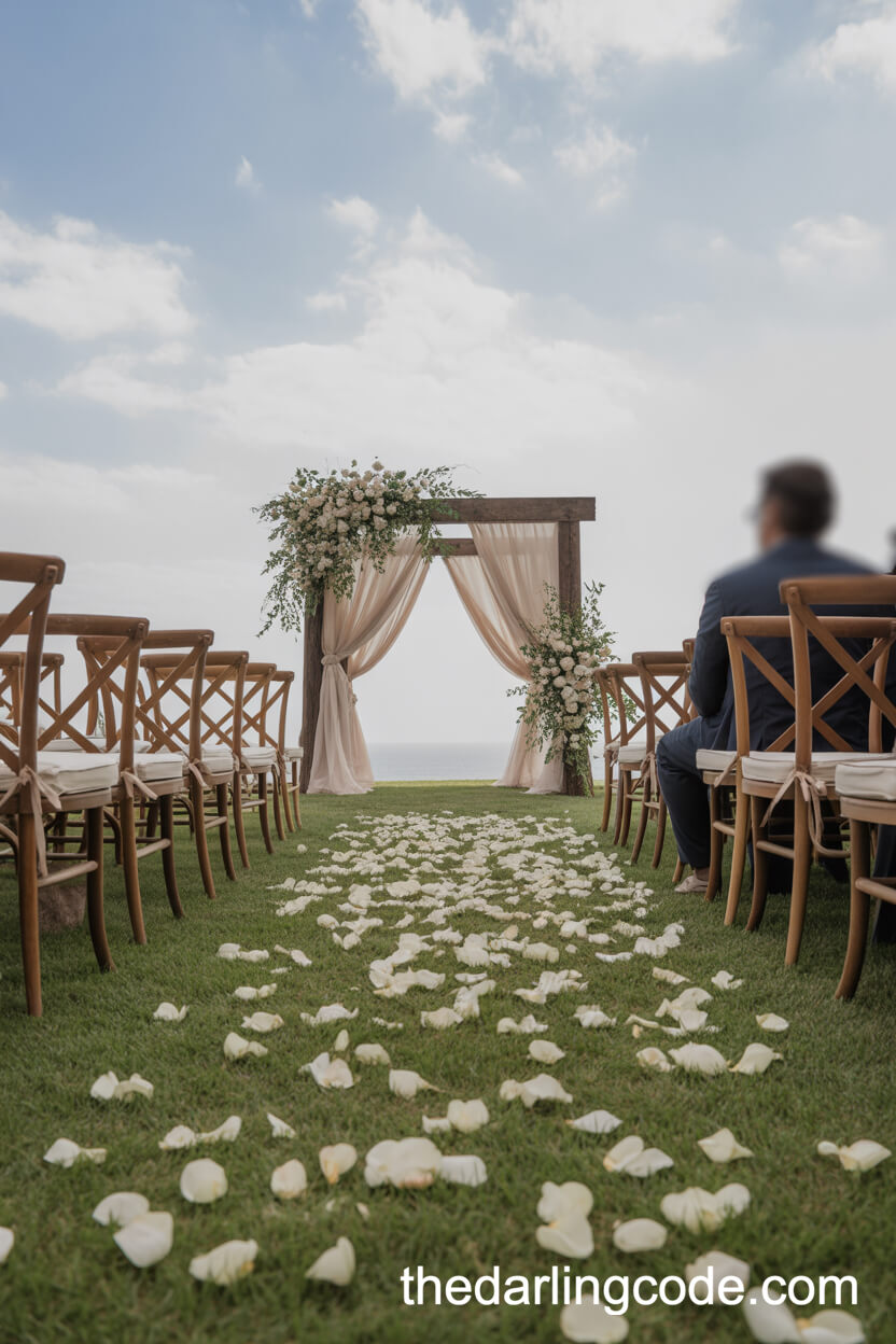 Wooden Benches And Floral Ceremony Aisle