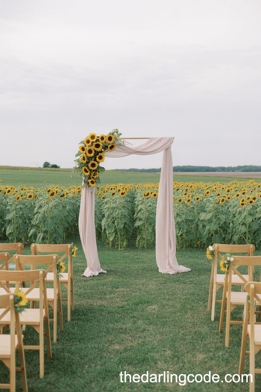 Spring Field Ceremony With Wild Sunflowers And Simple Wooden Arch