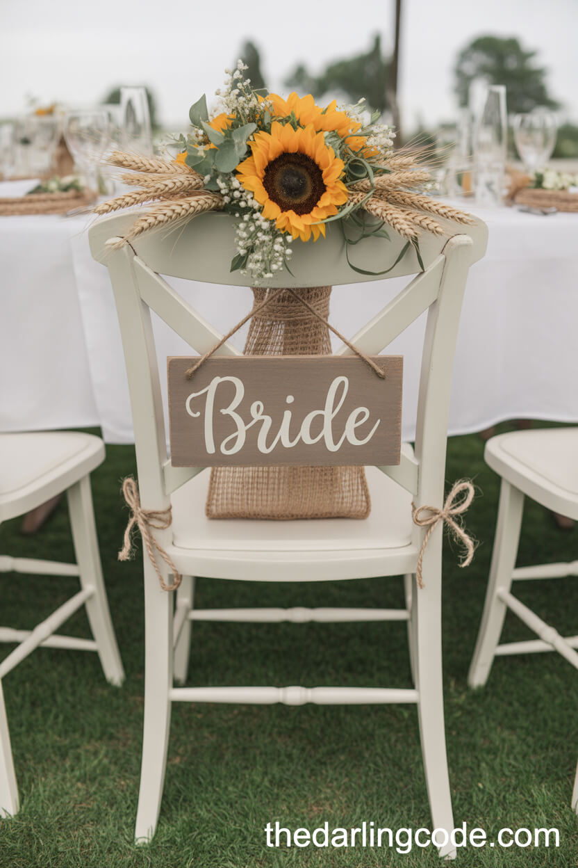 Bride’s Reception Chair Decorated With Sunflowers And Rustic Accents