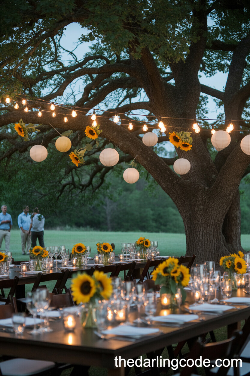 Evening Oak Tree Reception With Sunflowers And Lantern Lighting