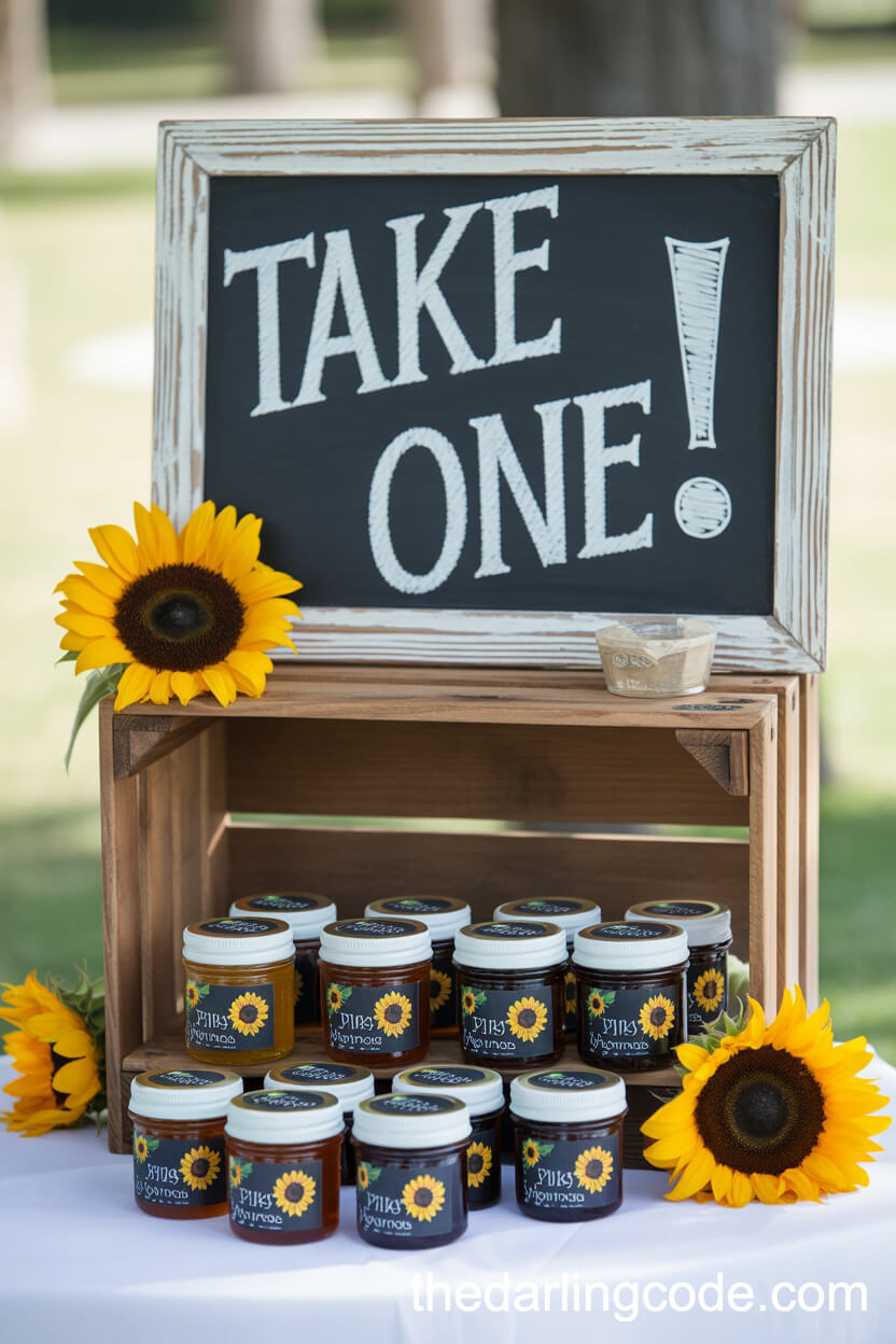 Wedding Favor Table With Honey Jars And Sunflower Decorations