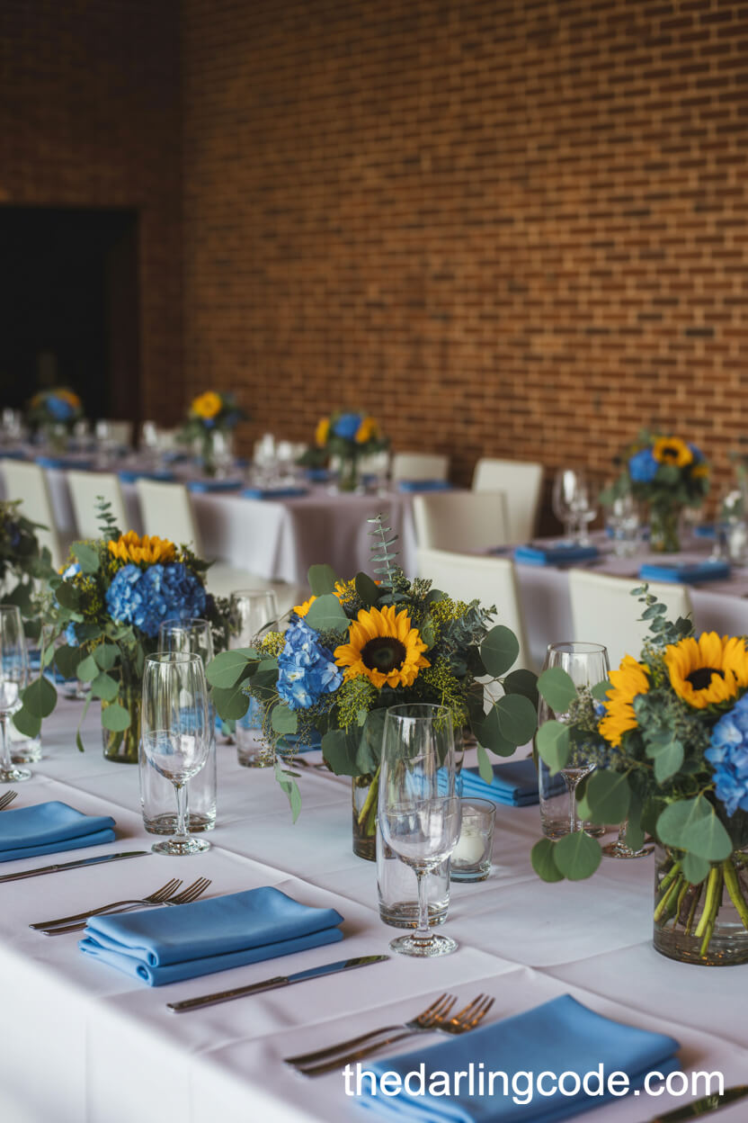 Reception Tables With Sunflower And Blue Hydrangea Centerpieces