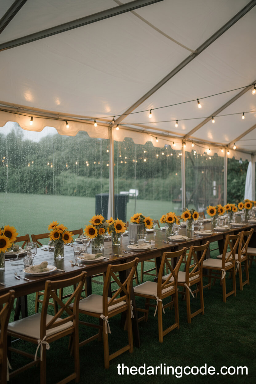 Cozy Tent Wedding Reception Brightened By Sunflower Arrangements