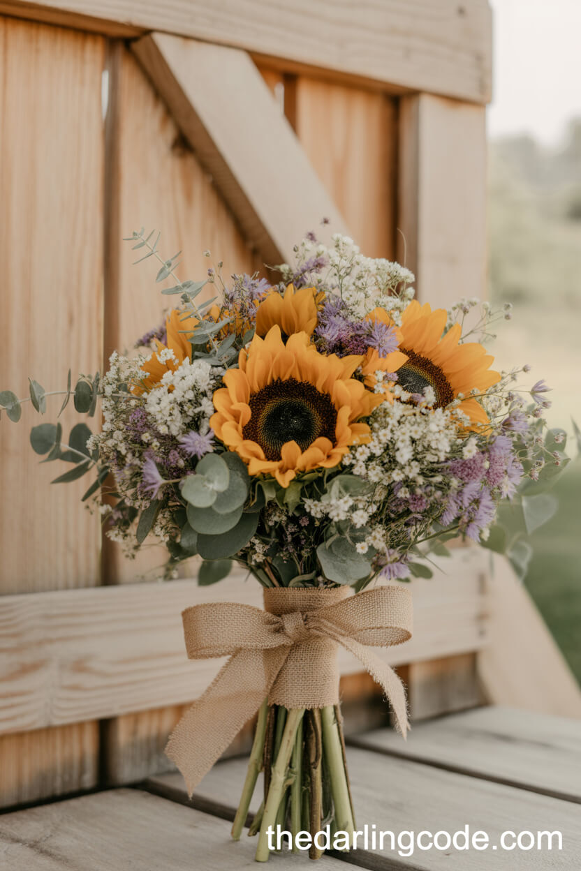 Rustic Bridal Bouquet With Sunflowers And Burlap Ribbon