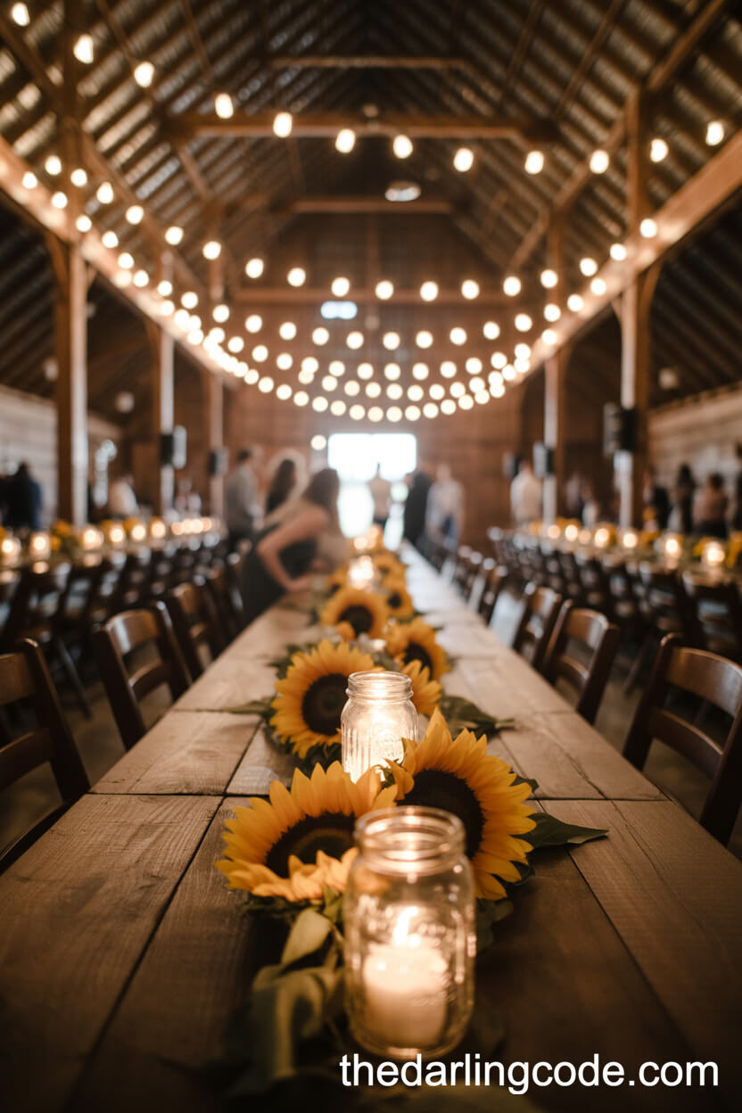 Candlelit Barn Dinner Reception With Sunflower Banquet Tables