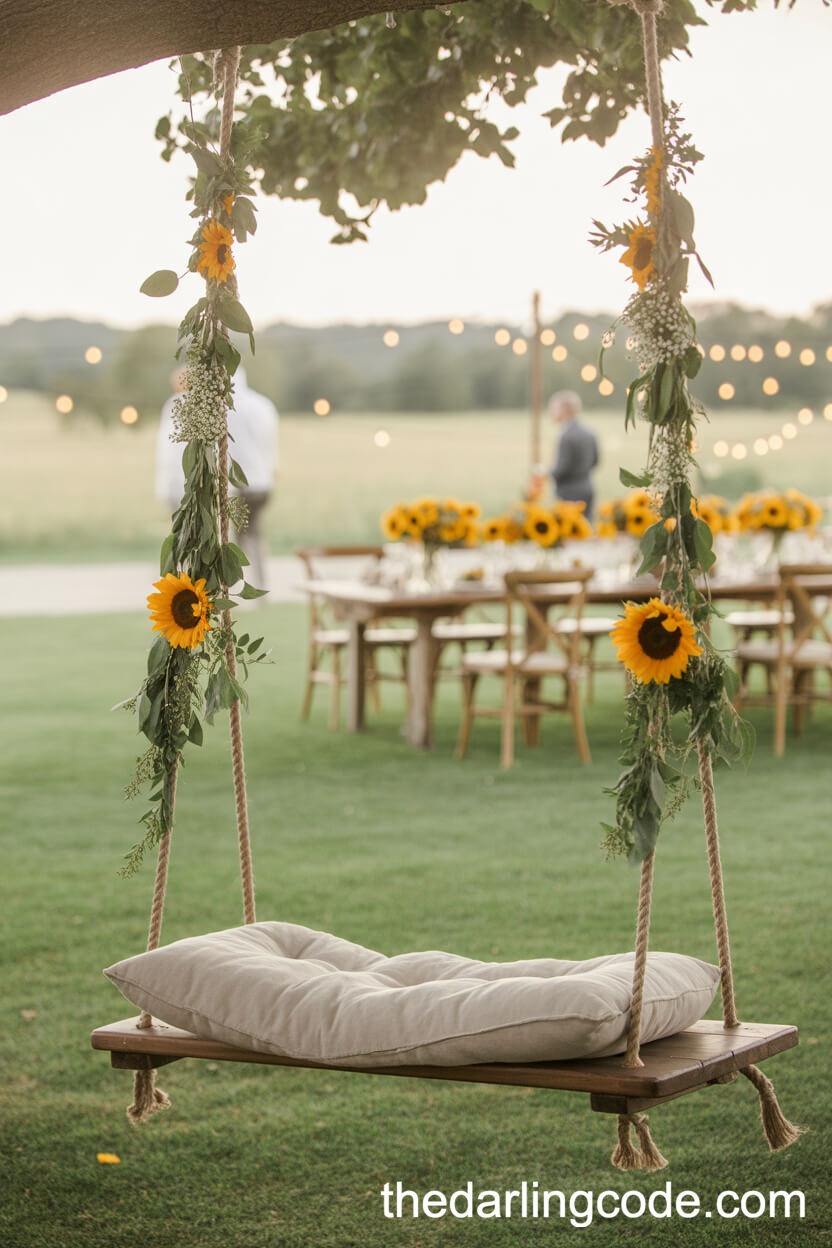 Rustic Swing Adorned With Sunflower Garlands For Wedding Photos