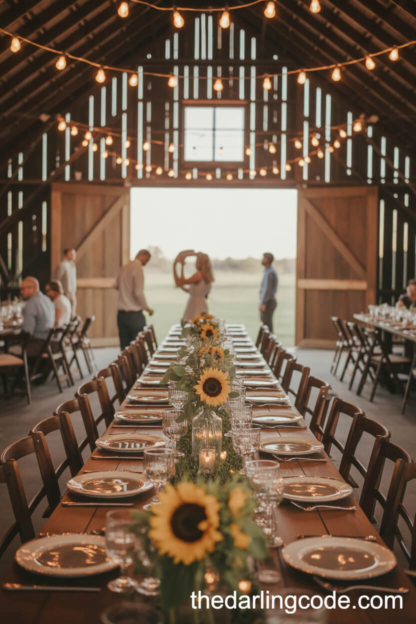 Barn Reception With Sunflower Centerpieces And Vintage Decor