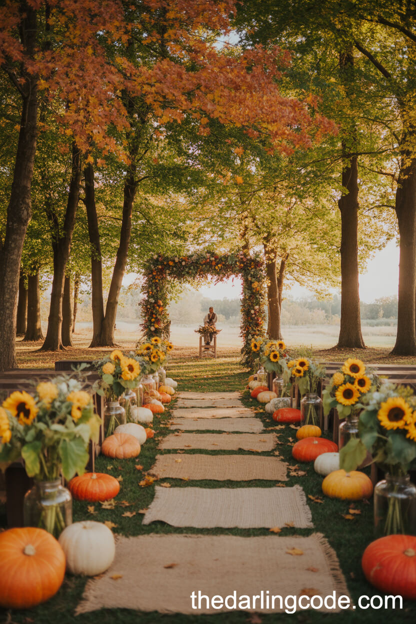 Sunflower-Lined Wedding Aisle Among Fall Foliage And Pumpkins