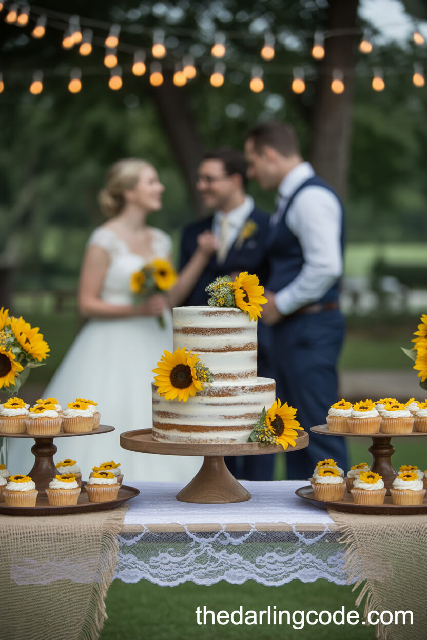 Rustic Sunflower Dessert Table With Semi-Naked Cake And Cupcakes