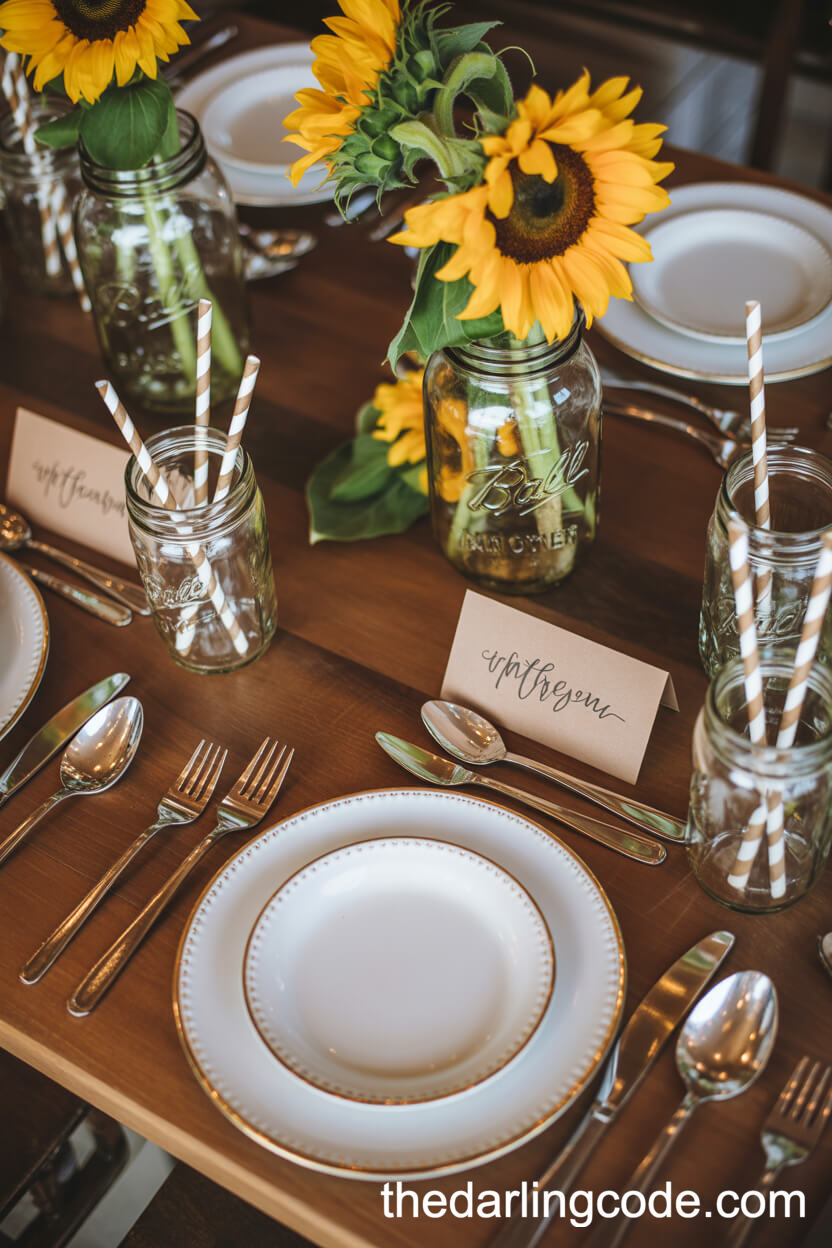 Rustic Dinner Table Setting With Sunflower Mason Jar Centerpieces