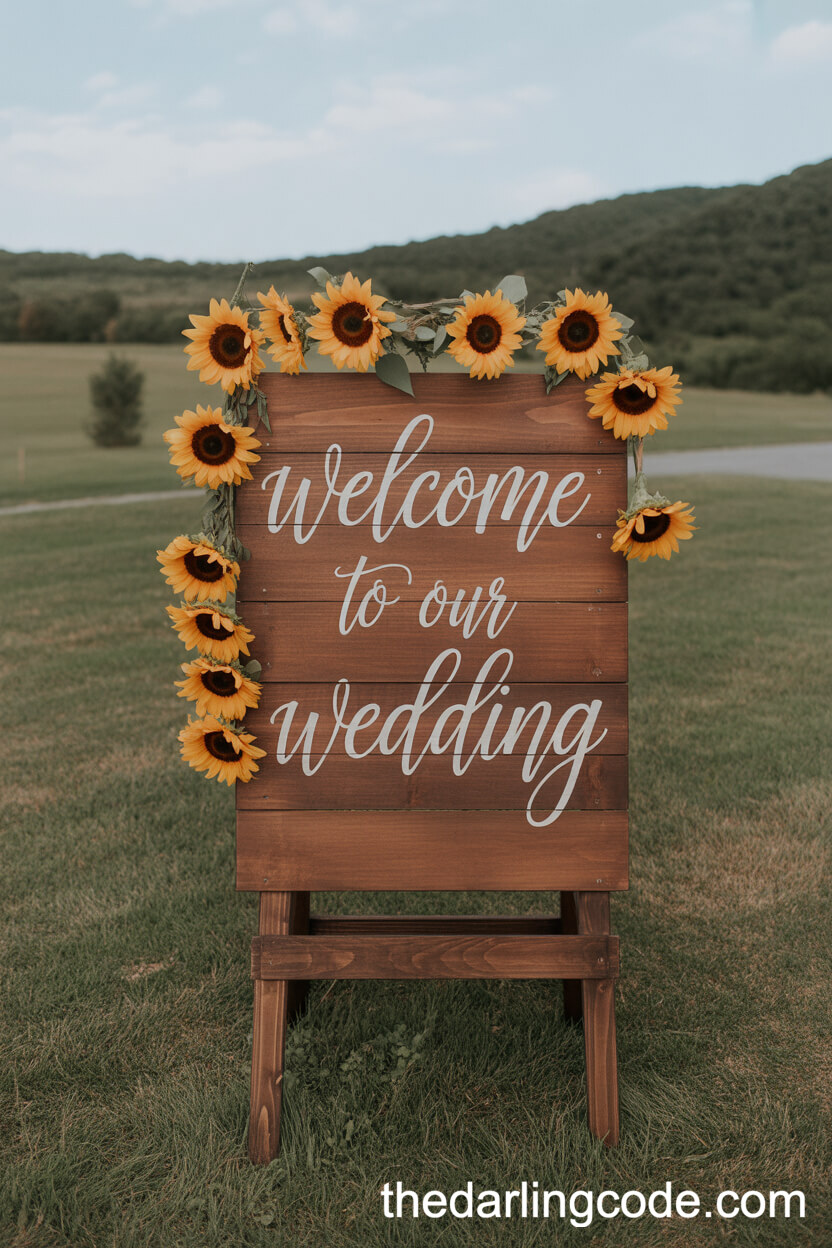 Wooden Wedding Welcome Sign Decorated With Sunflower Garlands