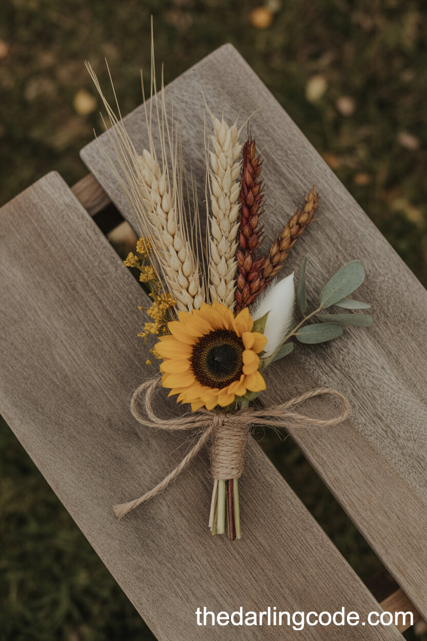 Sunflower Groom’s Boutonniere With Wheat And Twine