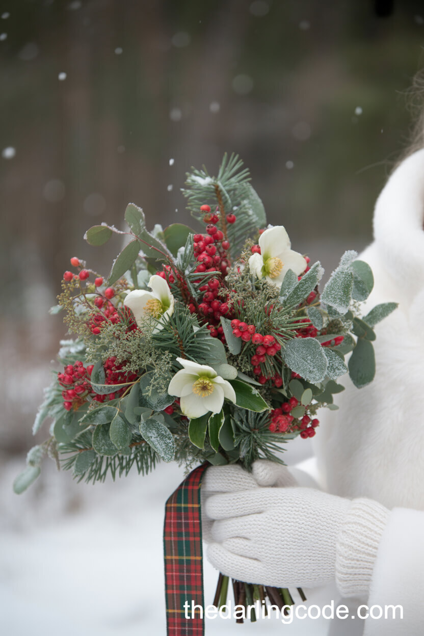 Winter Red Berry And White Hellebore Bouquet
