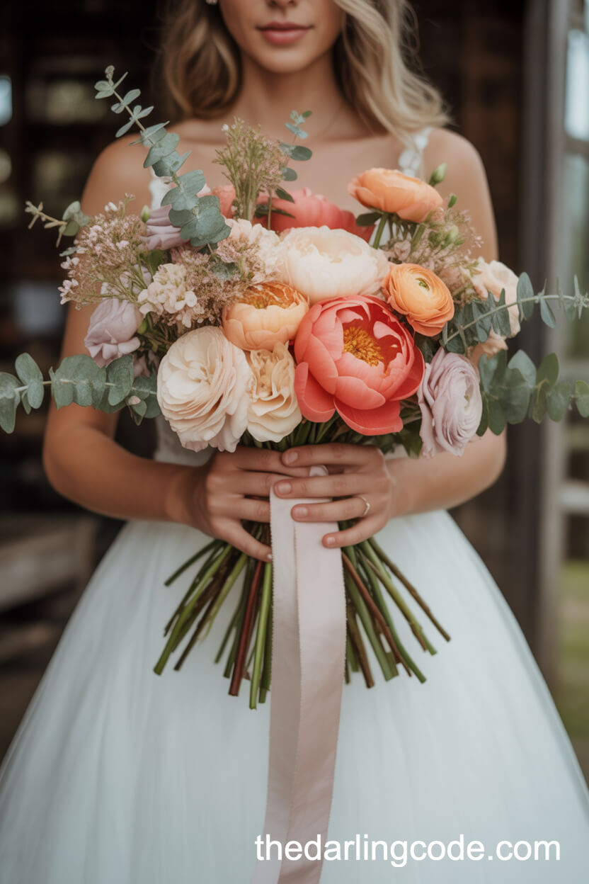 Coral Peony And Blush Rose Barn Bouquet