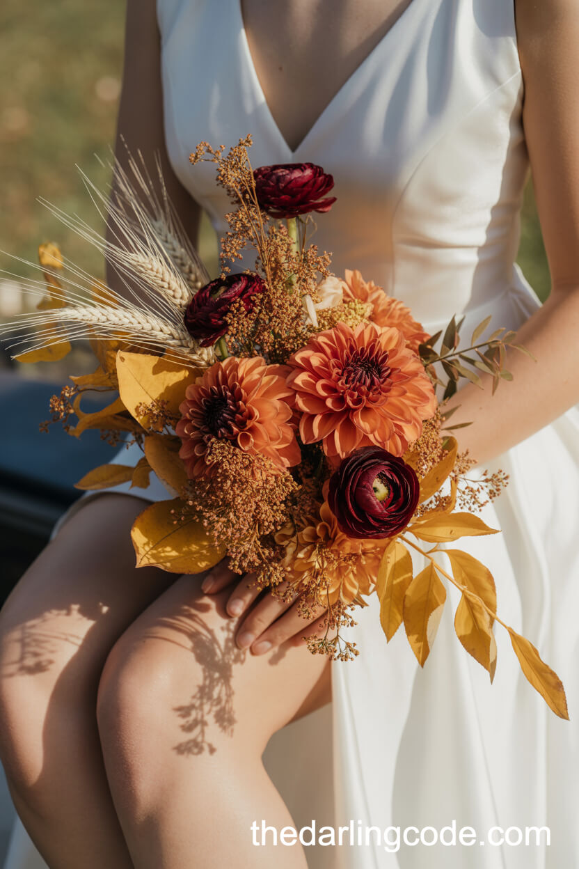 Fall Burnt Orange Dahlia And Burgundy Ranunculus Bouquet