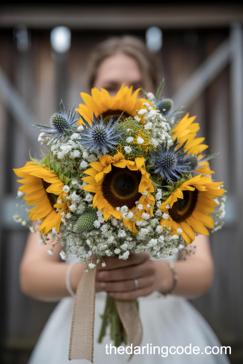 Sunflower, Thistle, And Baby’s Breath Bouquet