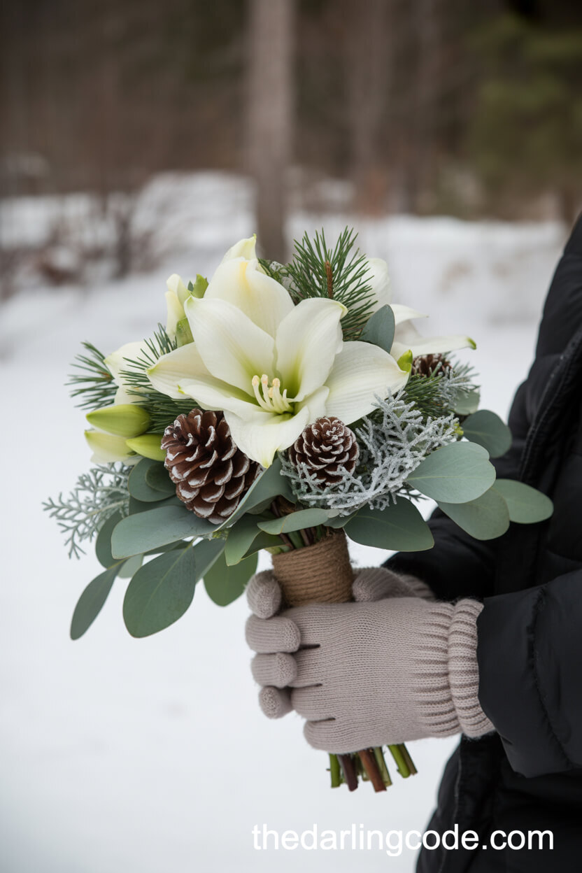 Winter White Amaryllis And Pinecone Bouquet