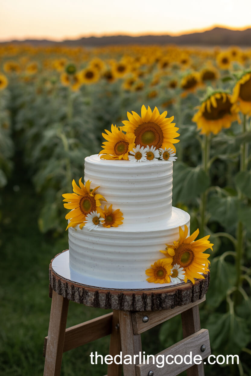 Sunflower-Topped Rustic Wedding Cake