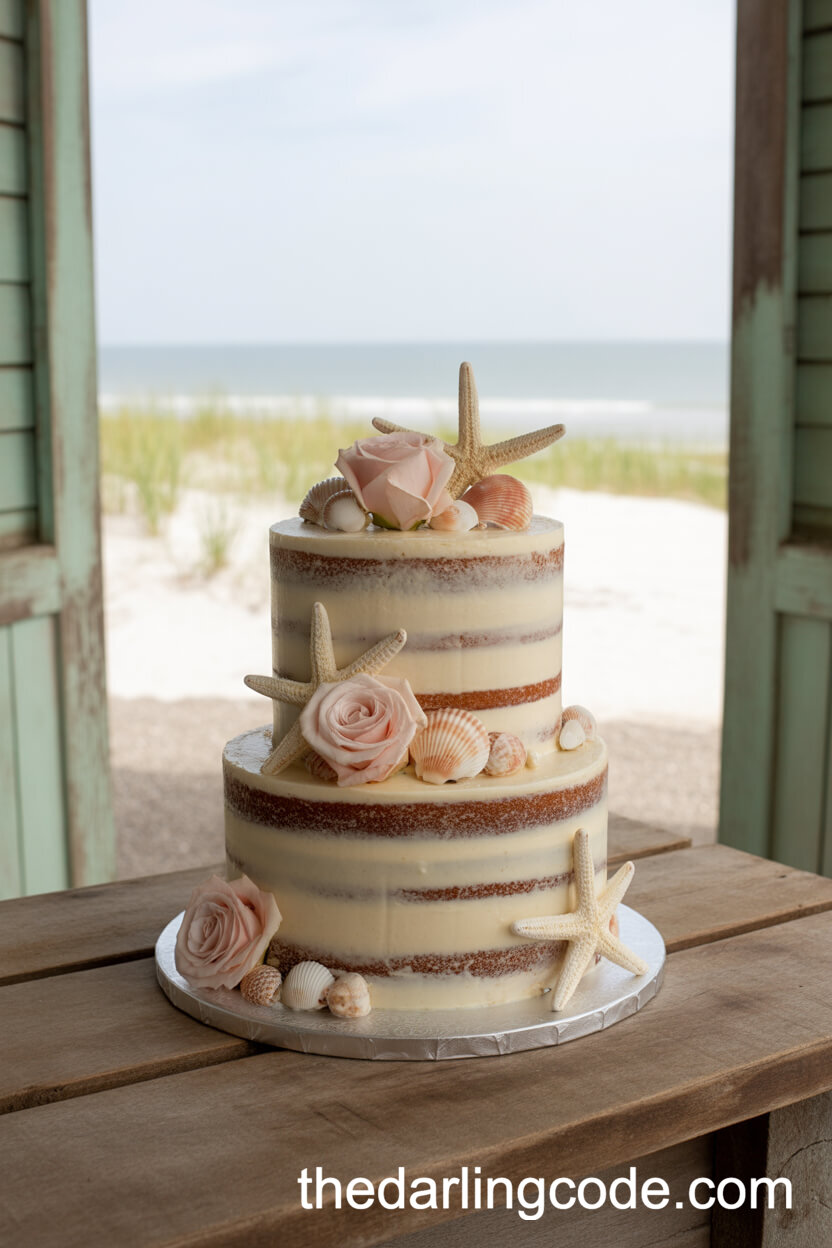 Naked Cake with Edible Seashells and Roses