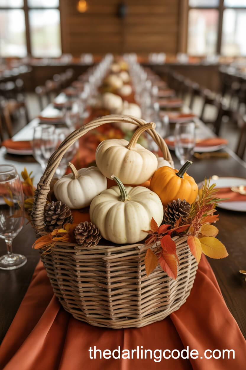 Autumn Basket Centerpiece with Pumpkins and Gourds