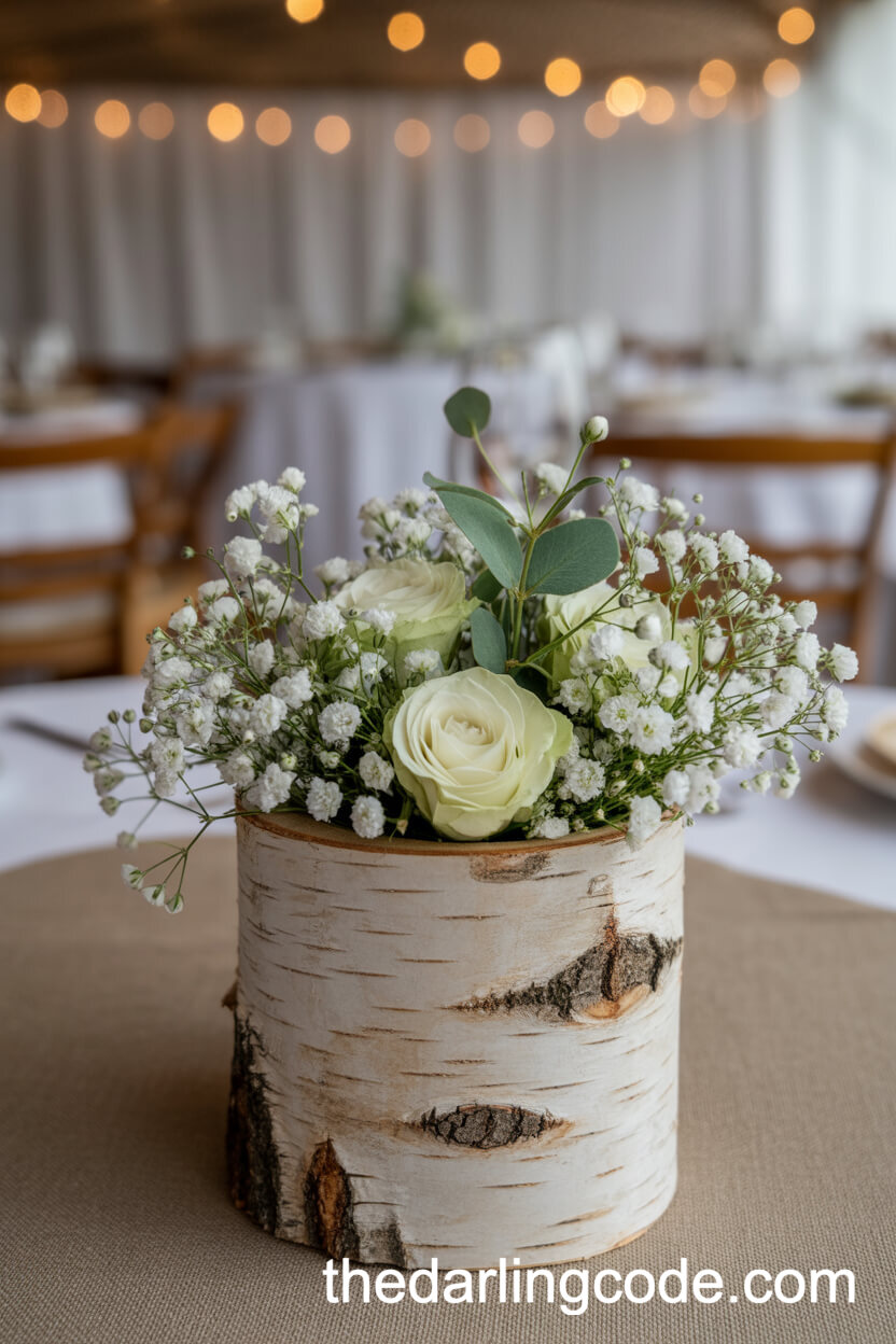 Birch Log Filled with Roses and Greenery
