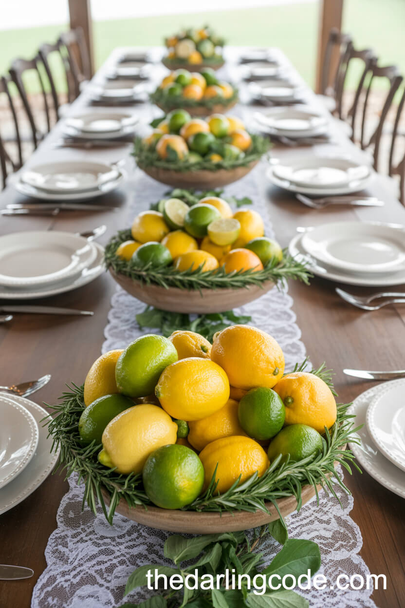 Citrus-Filled Wooden Bowls and Herbs