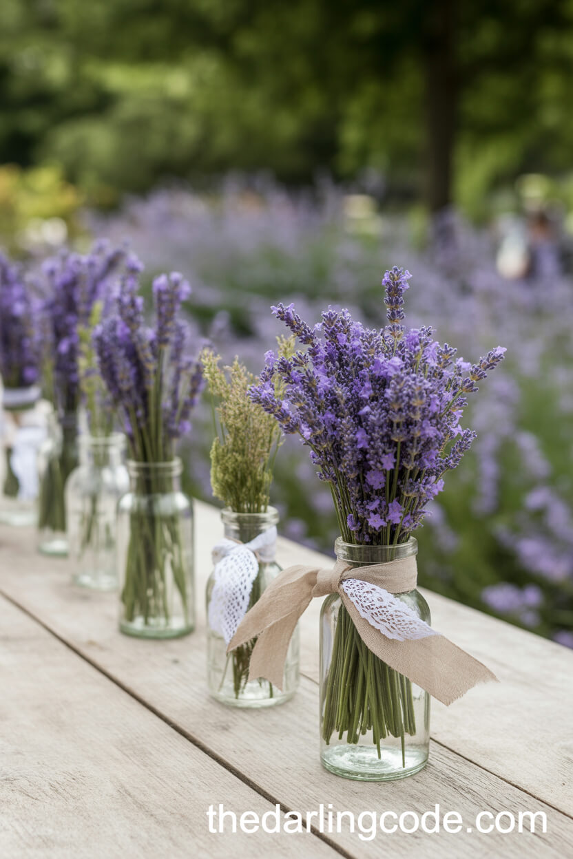 Lavender Bundles in Lace-Tied Glass Bottles