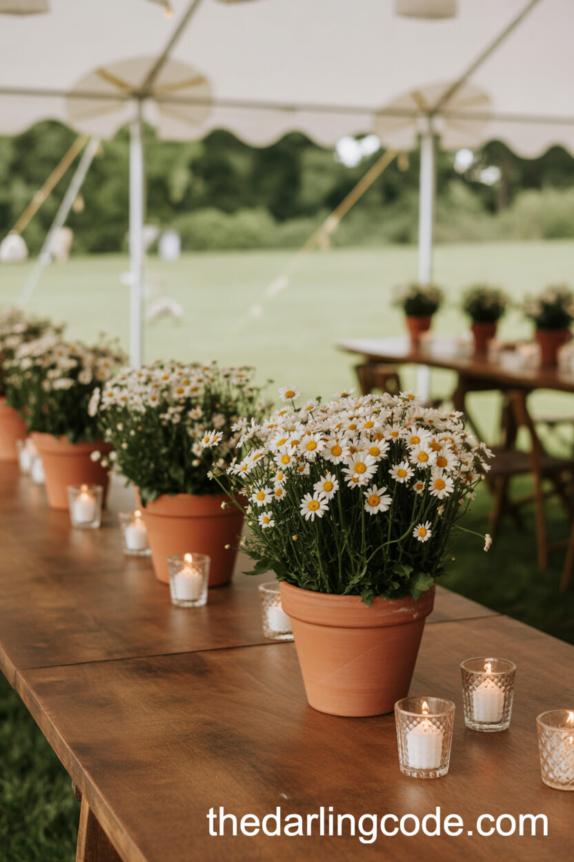 Terra Cotta Pots of Daisies and Votives