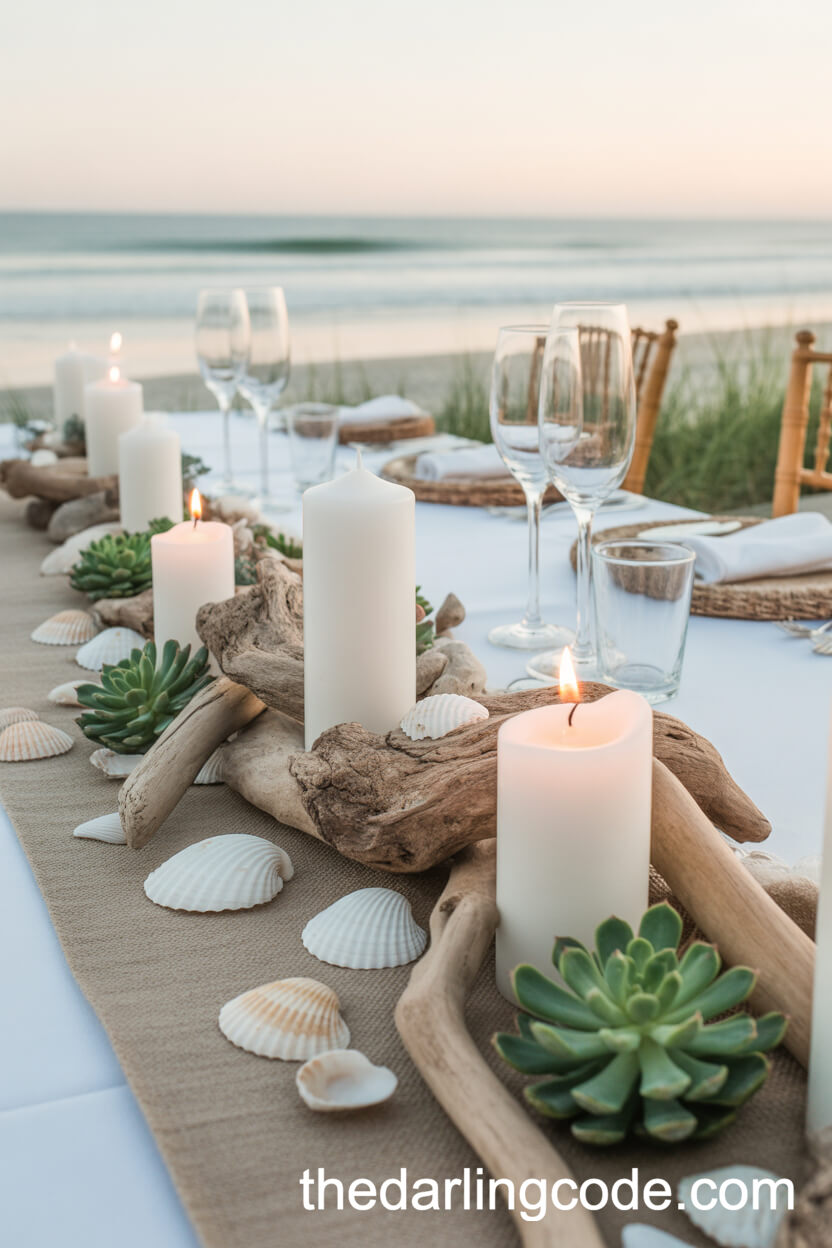 Driftwood, Candles, and Succulents Beach Centerpiece