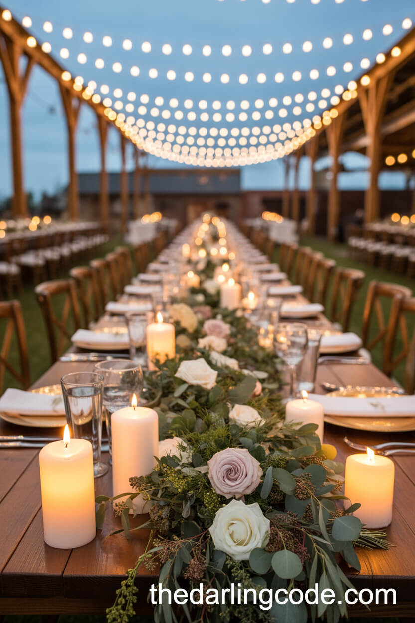 Farmhouse Table Garland with Roses and Pillar Candles